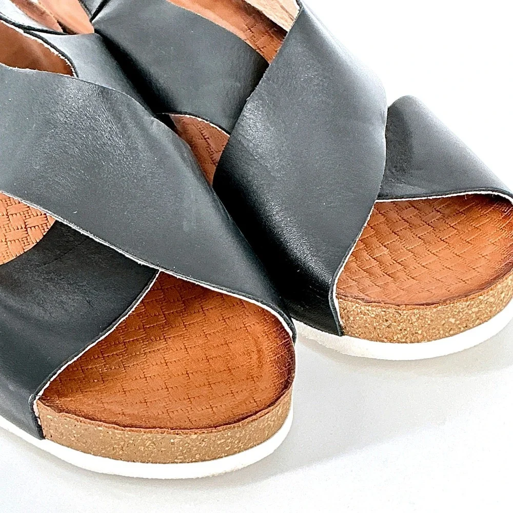 Pikolinos Black Size 9.5 Leather Crisscross Wedge Slingback Sandals Mahon Spain - Picture 10 of 13